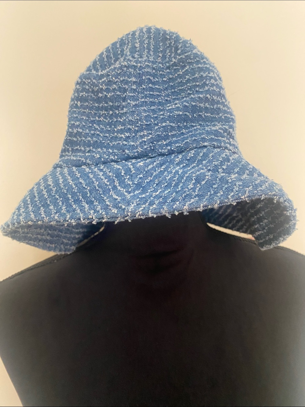Textured Denim Blue Striped Bucket Hat Frayed Fringe Women's Casual Sun Hat